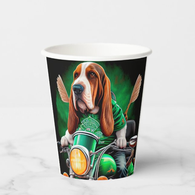  Basset Hound Dog driving bike St. Patrick's Day Paper Cups (Front)