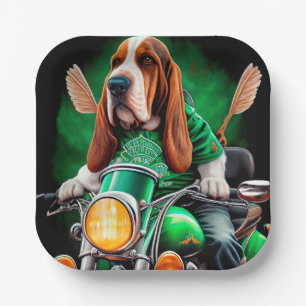  Basset Hound Dog driving bike St. Patrick's Day Paper Plate