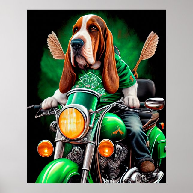  Basset Hound Dog driving bike St. Patrick's Day  Poster (Front)