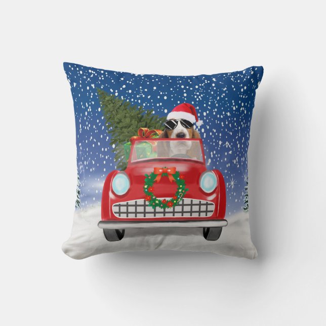 Basset Hound Dog Driving Car In Snow Christmas Cushion (Front)