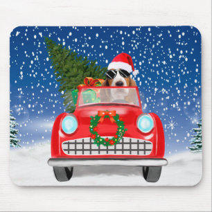 Basset Hound Dog Driving Car In Snow Christmas  Mouse Pad