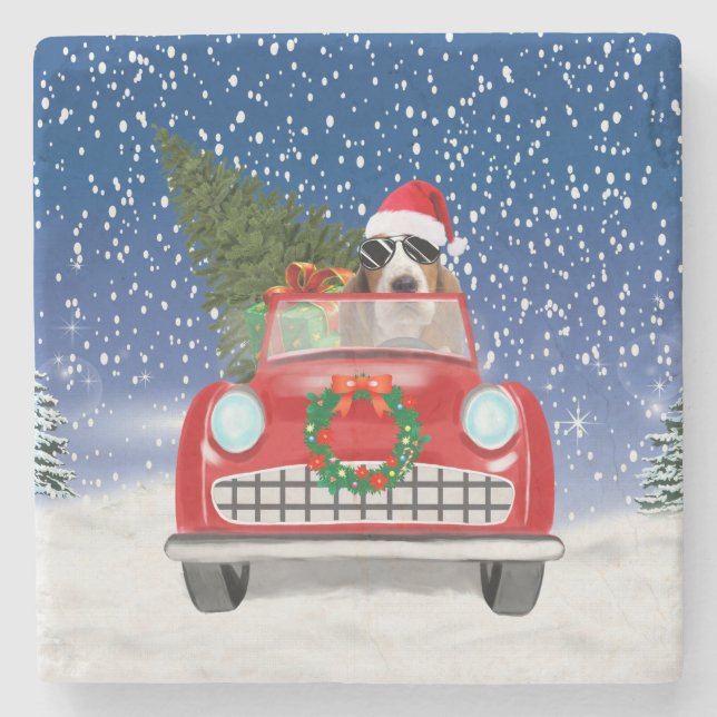 Basset Hound Dog Driving Car In Snow Christmas  Stone Coaster (Front)