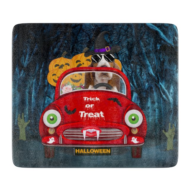 Basset Hound Dog Driving Car Scary Halloween Cutting Board (Front)