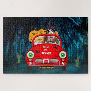 Basset Hound Dog Driving Car Scary Halloween Jigsaw Puzzle