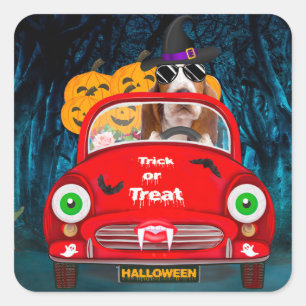 Basset Hound Dog Driving Car Scary Halloween Square Sticker