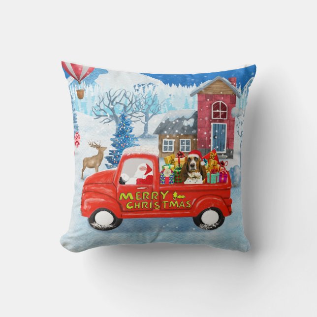 Basset Hound Dog in Christmas Delivery Truck Snow Cushion (Front)