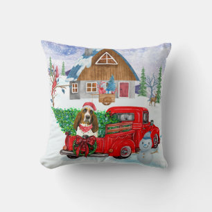 Basset Hound dog In Christmas Delivery Truck Snow Cushion