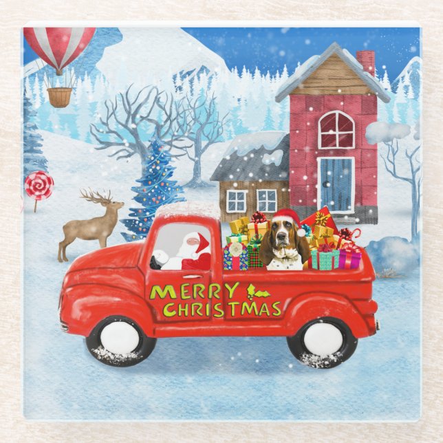 Basset Hound Dog in Christmas Delivery Truck Snow  Glass Coaster (Front)