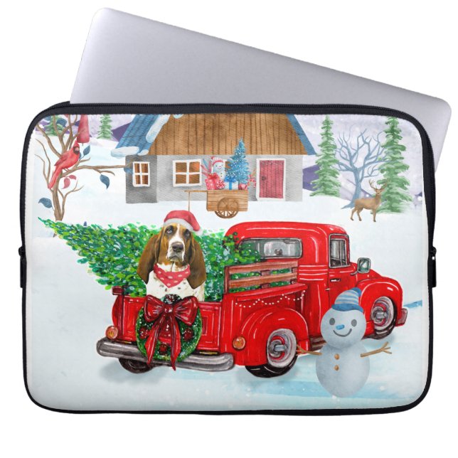 Basset Hound dog In Christmas Delivery Truck Snow Laptop Sleeve (Front)