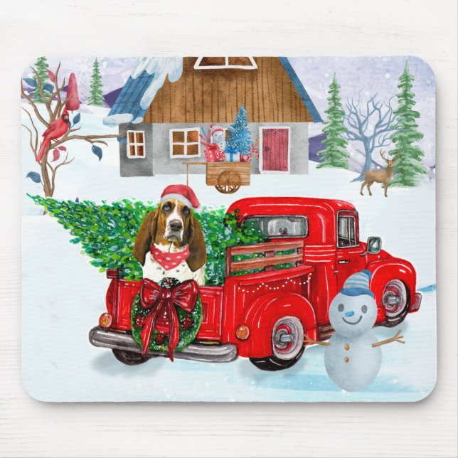 Basset Hound dog In Christmas Delivery Truck Snow Mouse Pad (Front)