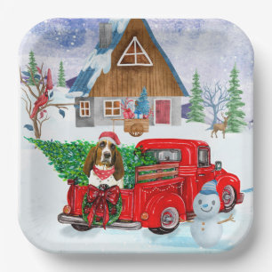 Basset Hound dog In Christmas Delivery Truck Snow Paper Plate