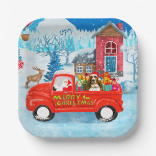 Basset Hound Dog in Christmas Delivery Truck Snow Paper Plate