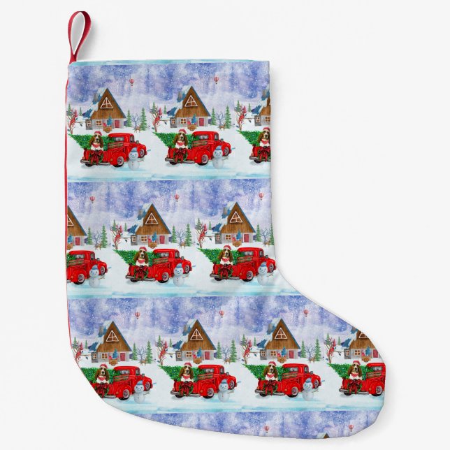 Basset Hound dog In Christmas Delivery Truck Snow Small Christmas Stocking (Front)
