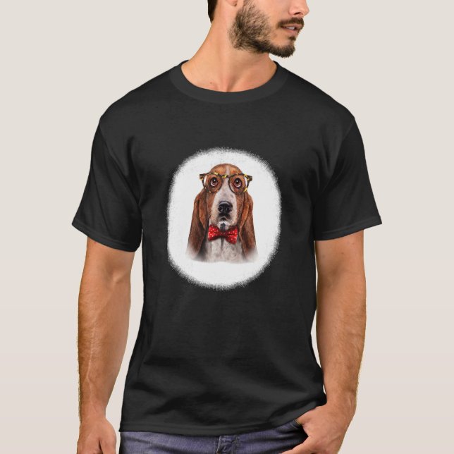 Basset Hound Dog In Classic Eyeglass And Bow Tie T-Shirt (Front)