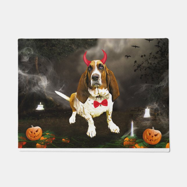 Basset Hound Dog in Halloween Costume Doormat (Front)