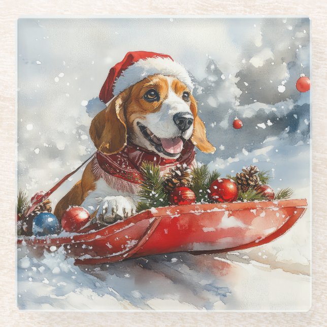 Basset Hound Dog in Sledge Let it Snow Christmas Glass Coaster (Front)