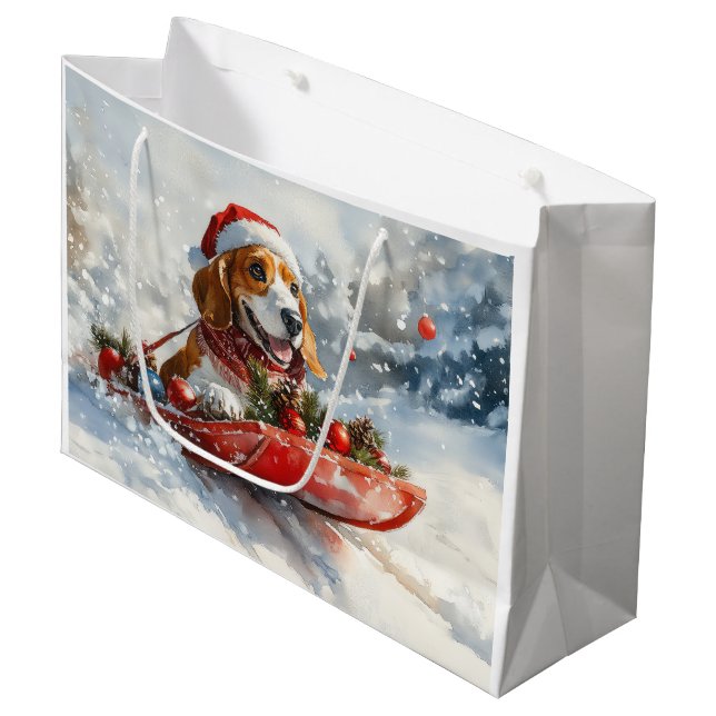 Basset Hound Dog in Sledge Let it Snow Christmas Large Gift Bag (Front Angled)