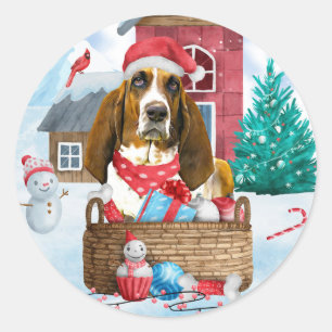 Basset Hound Dog In snow Christmas Dog House Classic Round Sticker