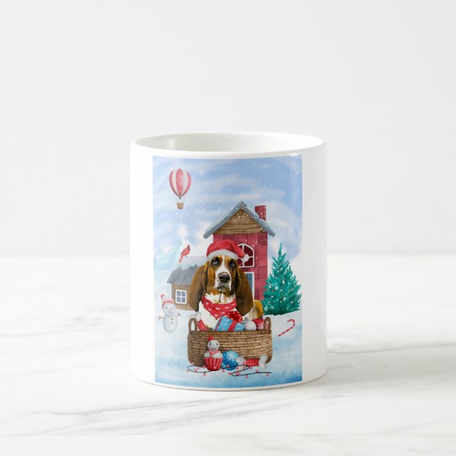 Basset Hound Dog In snow Christmas Dog House Coffee Mug (Center)