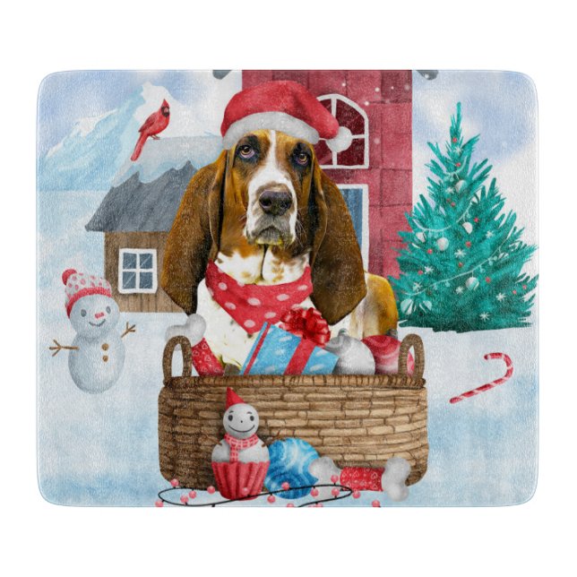 Basset Hound Dog In snow Christmas Dog House Cutting Board (Front)