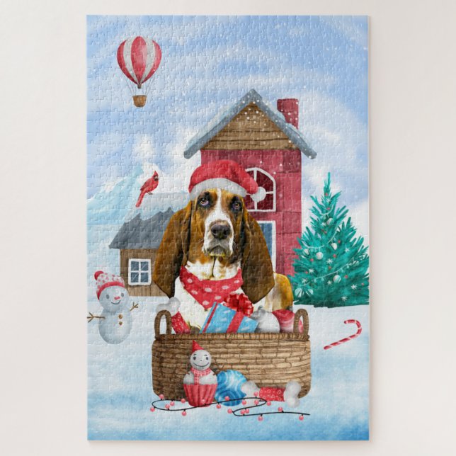 Basset Hound Dog In snow Christmas Dog House Jigsaw Puzzle (Vertical)