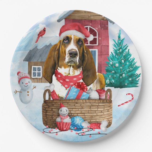 Basset Hound Dog In snow Christmas Dog House Paper Plate (Front)