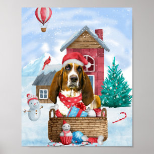 Basset Hound Dog In snow Christmas Dog House Poster