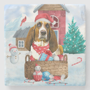 Basset Hound Dog In snow Christmas Dog House Stone Coaster