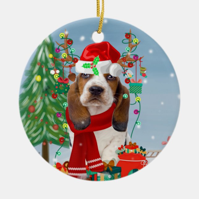 Basset Hound Dog in Snow with Christmas Gifts  Ceramic Ornament (Front)