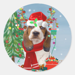 Basset Hound Dog in Snow with Christmas Gifts Classic Round Sticker