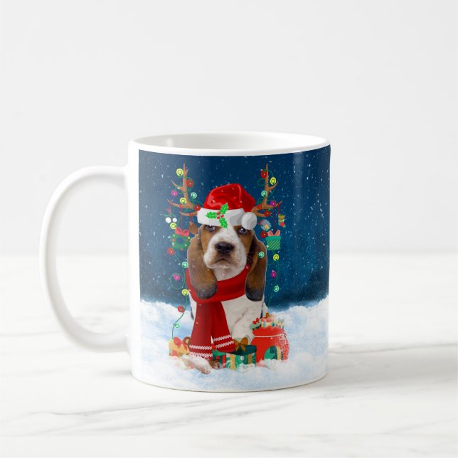 Basset Hound Dog in Snow with Christmas Gifts  Coffee Mug (Left)