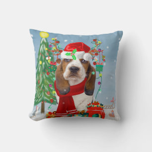 Basset Hound Dog in Snow with Christmas Gifts Cushion