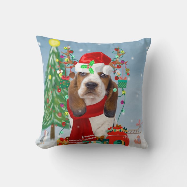 Basset Hound Dog in Snow with Christmas Gifts  Cushion (Front)