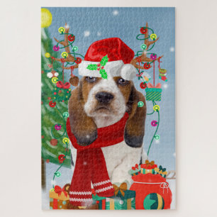 Basset Hound Dog in Snow with Christmas Gifts Jigsaw Puzzle