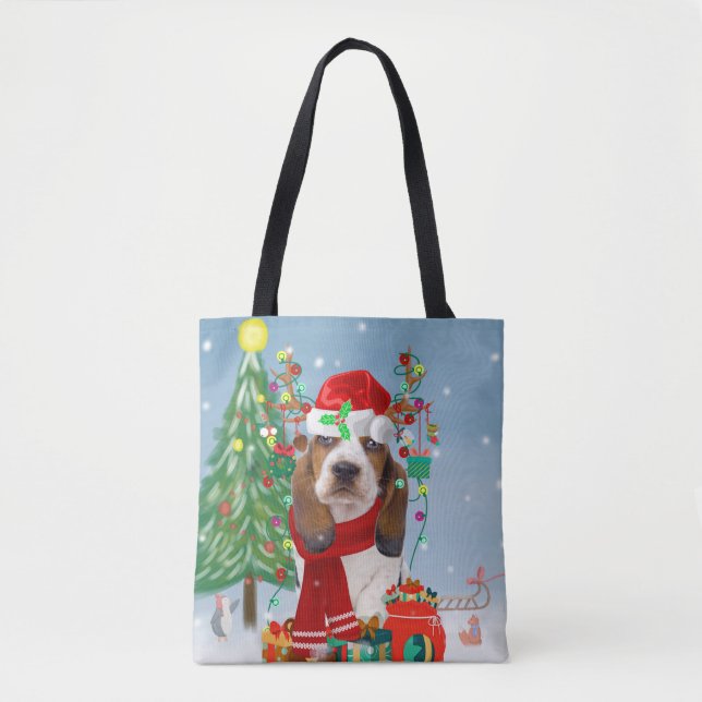 Basset Hound Dog in Snow with Christmas Gifts  Tote Bag (Front)