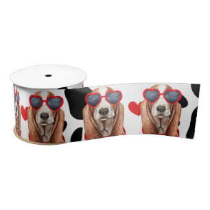 Basset Hound Dog Love with Paw Prints and Hearts Satin Ribbon