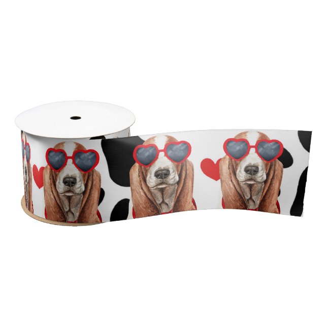 Basset Hound Dog Love with Paw Prints and Hearts Satin Ribbon (Spool)