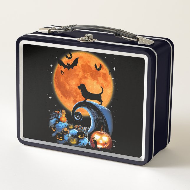 Basset Hound Dog Moon Pumpkin Halloween Metal Lunch Box (Front)