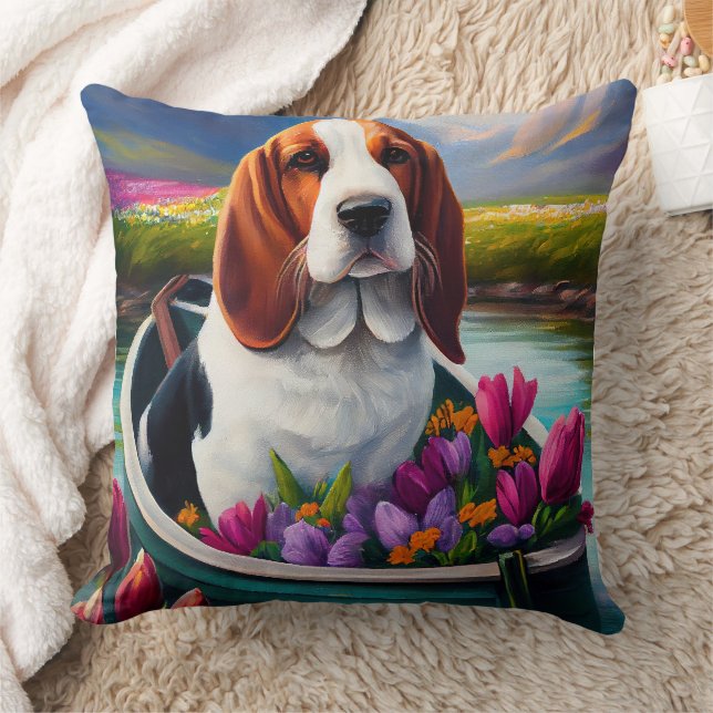 Basset Hound Dog on a Paddle: A Scenic Adventure  Cushion (Blanket)