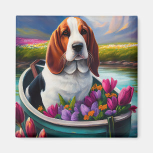 Basset Hound Dog on a Paddle: A Scenic Adventure Magnet