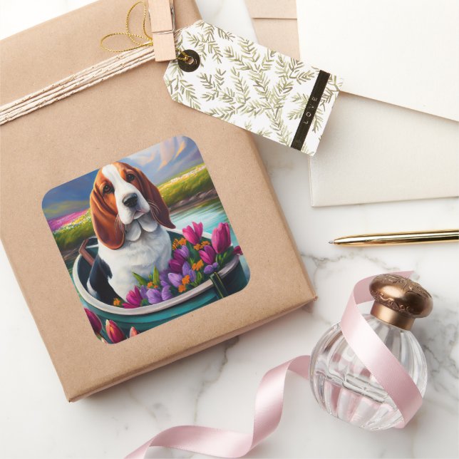 Basset Hound Dog on a Paddle: A Scenic Adventure Square Sticker (Gifting)