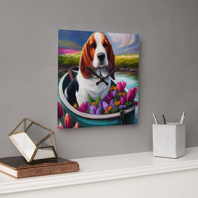 Basset Hound Dog on a Paddle: A Scenic Adventure Square Wall Clock (Office)