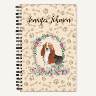 Basset Hound Dog Paw Print & Floral Cute Notebook