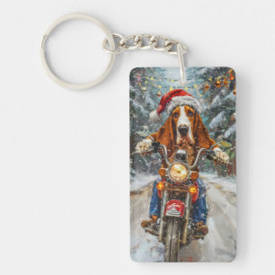 Basset Hound Dog Riding Motorcycle Christmas  Key Ring