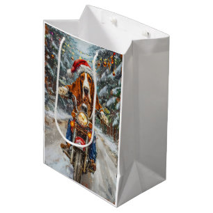 Basset Hound Dog Riding Motorcycle Christmas Medium Gift Bag