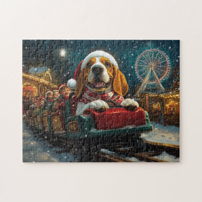Basset Hound Dog Roller Coaster Christmas Jigsaw Puzzle (Horizontal)