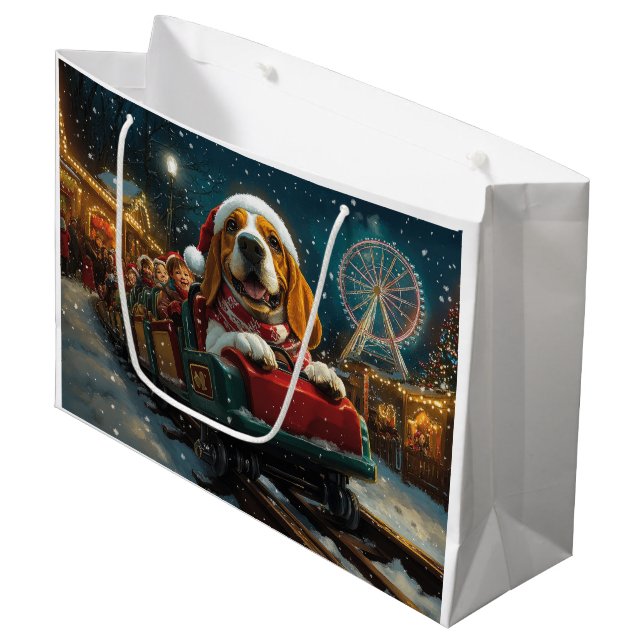 Basset Hound Dog Roller Coaster Christmas Large Gift Bag (Front Angled)