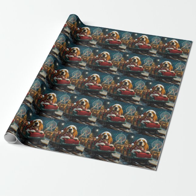 Basset Hound Dog Roller Coaster Christmas Wrapping Paper (Unrolled)