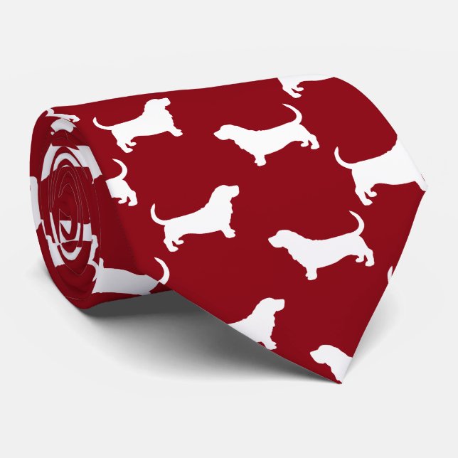 Basset Hound Dog Silhouettes Pattern Red and White Tie (Rolled)