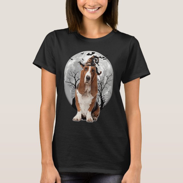 Basset Hound Dog Spooky Moon Halloween Costume T-Shirt (Front)
